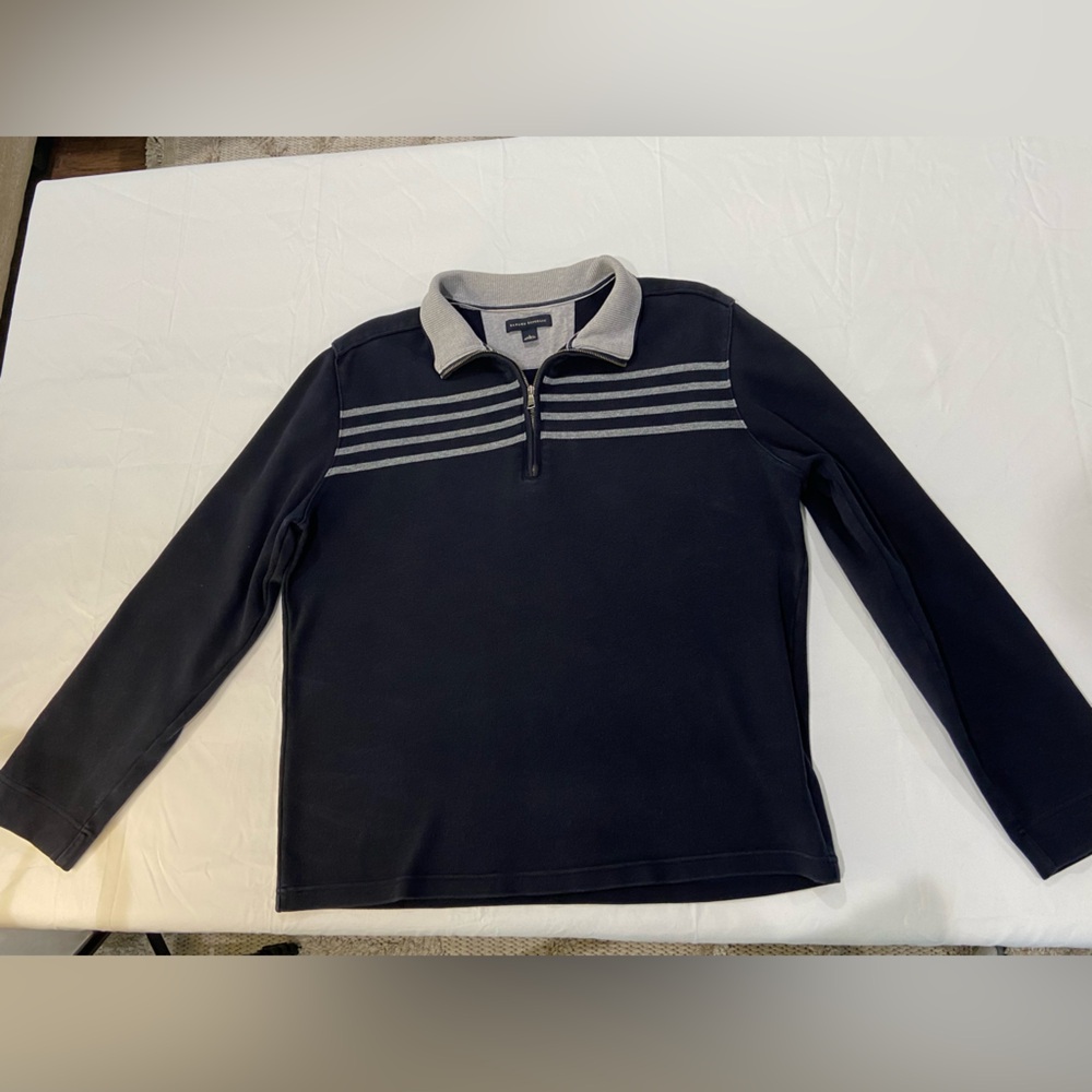 Banana Republic Navy and Gray Striped Quarter-Zip Sweater-Men’s Large